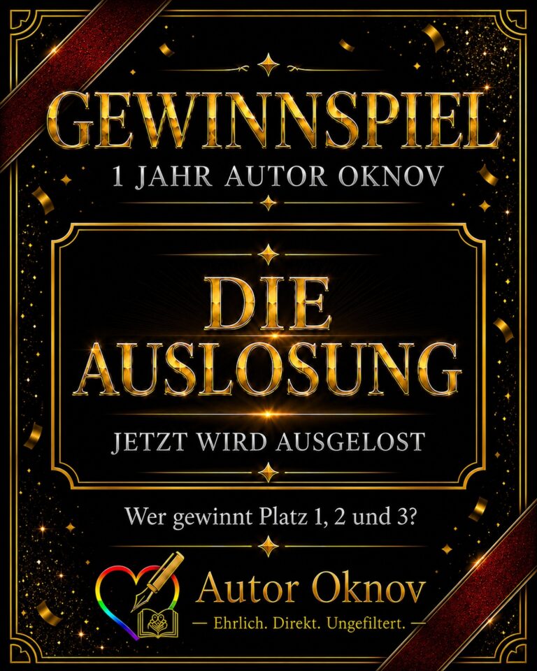 Schwarz-goldene Ankündigung der Gewinnspiel-Auslosung zum ersten Jahr Autor Oknov