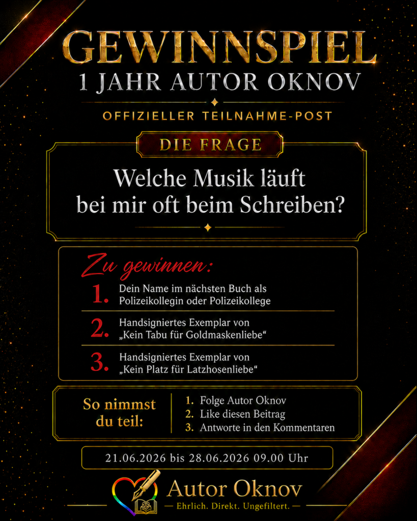 Gewinnspiel zum einjährigen Jubiläum von Autor Oknov mit der Frage nach der Musik beim Schreiben