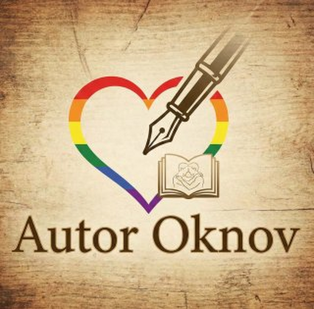 Logo von Autor Oknov mit Regenbogenherz, goldener Feder und geöffnetem Buch