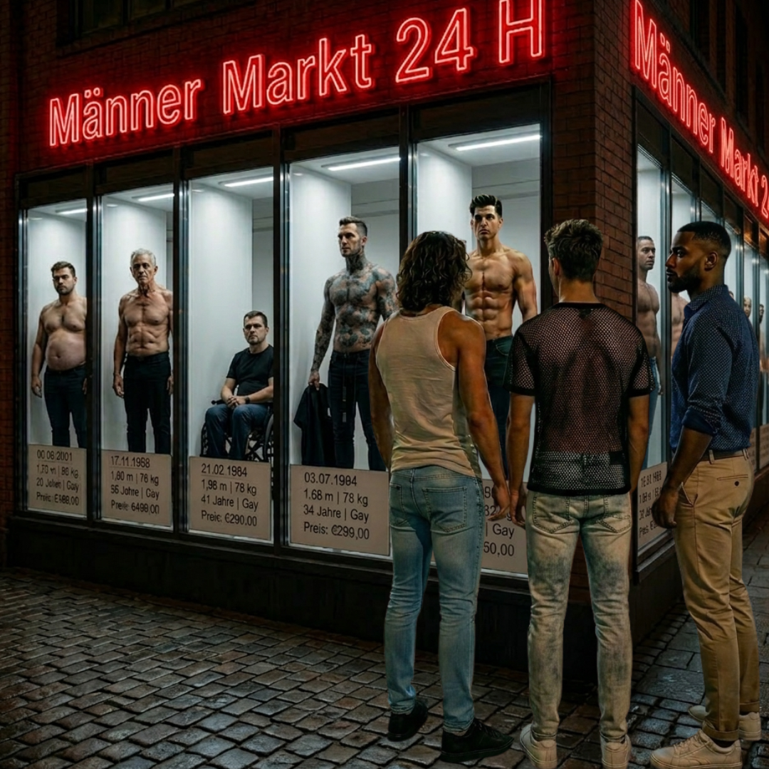 Männer werden wie Waren in einem Schaufenster dargestellt