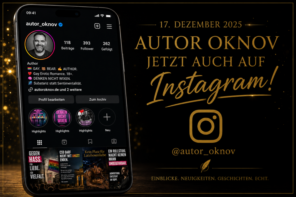 Instagram-Ankündigung von Autor Oknov mit Profilansicht im Smartphone und goldener Schrift auf schwarzem Hintergrund