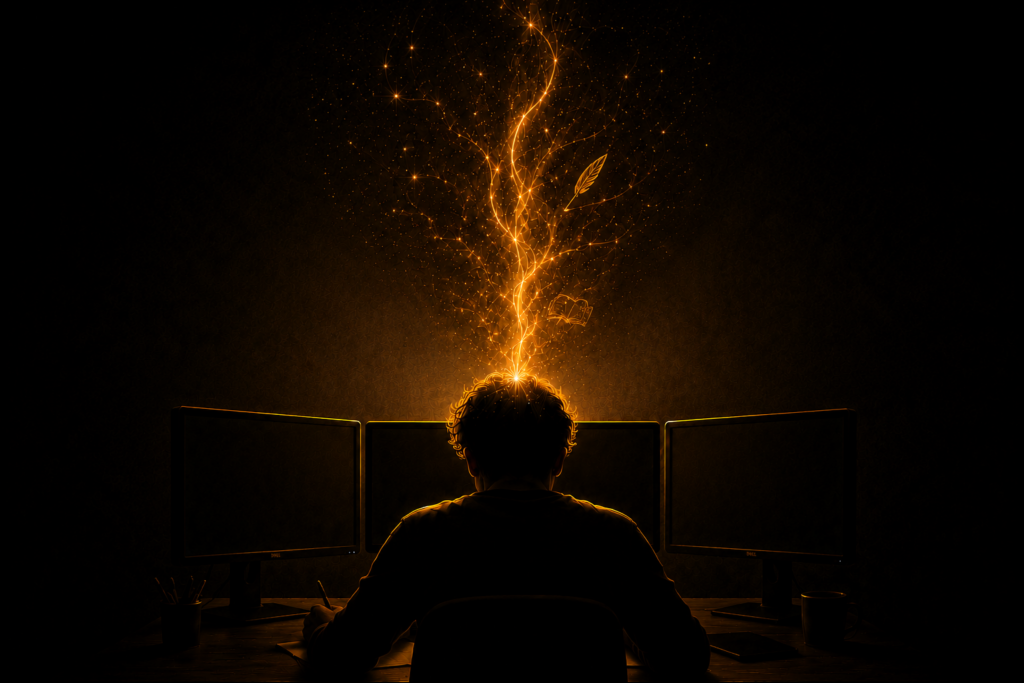 Silhouette eines Autors vor mehreren Bildschirmen, über ihm leuchten goldene Funken, eine Feder und ein geöffnetes Buch.