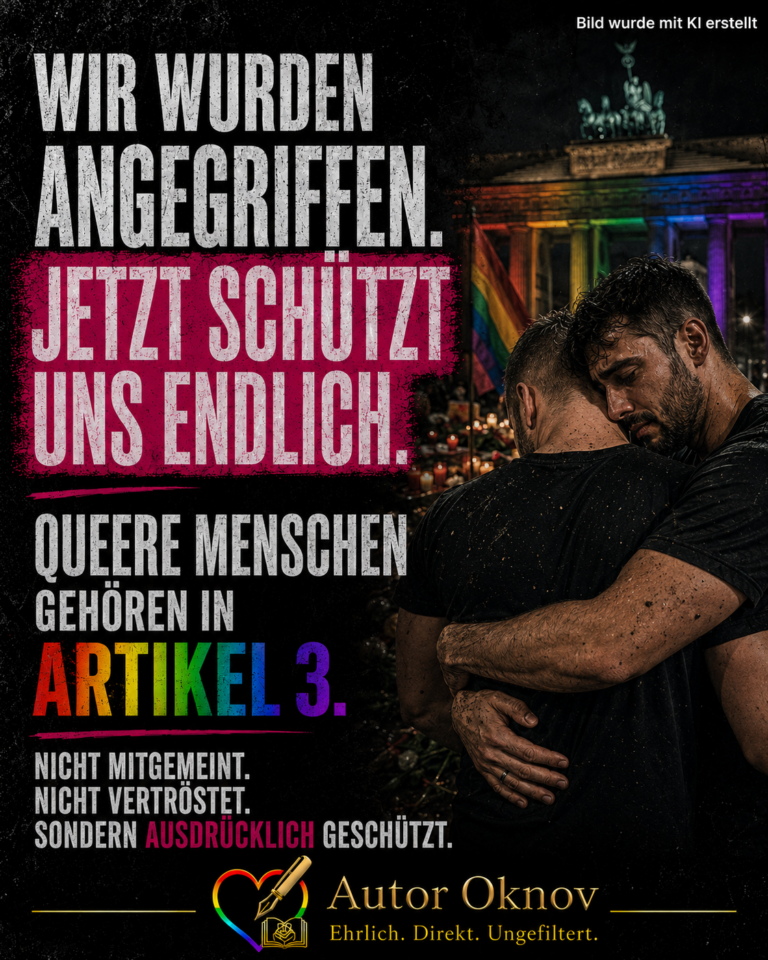 Mann vor einer bunten Wand mit einem Plakat über queere Menschen und Artikel 3 des Grundgesetzes