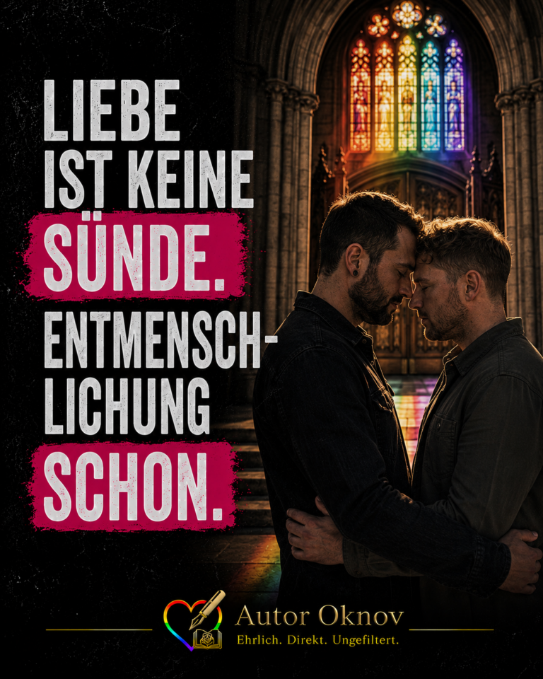 Zwei Männer stehen sich in einer Kirche gegenüber; Botschaft: Liebe ist keine Sünde, Entmenschlichung schon