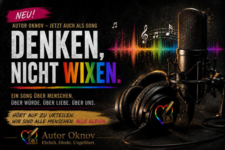 Songcover Denken, nicht wixen mit Kopfhörern, Musiknoten und farbigem Schriftzug