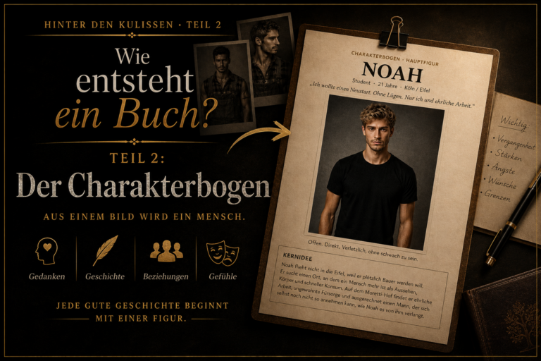 Grafik zur Romanplanung mit einem Charakterbogen für Noah, Porträt und handschriftlichen Notizen