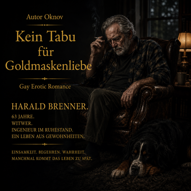 Romanfigur Harry Brenner als älterer Mann in einem Sessel, sein Hund sitzt neben ihm