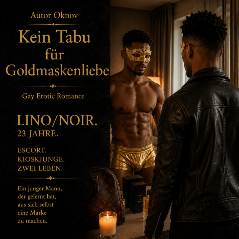 Zwei Darstellungen von Lino/Noir: in goldenem Outfit und in dunkler Jacke, aus dem Roman Kein Tabu für Goldmaskenliebe