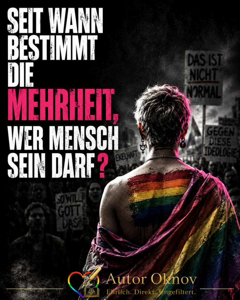 Person mit Regenbogenflagge vor einer Demonstration, mit der Frage: Bestimmt die Mehrheit, wer Mensch sein darf?