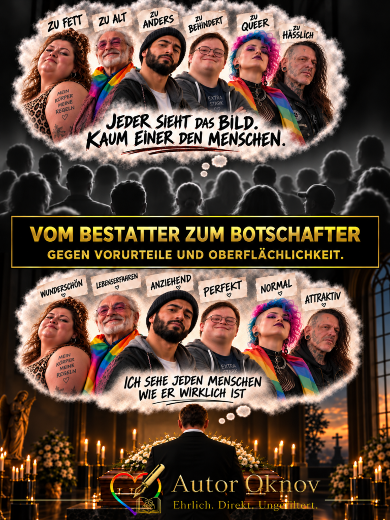 Vom Bestatter zum Botschafter: Sechs Menschen werden oben mit Vorurteilen und unten wertschätzend dargestellt.