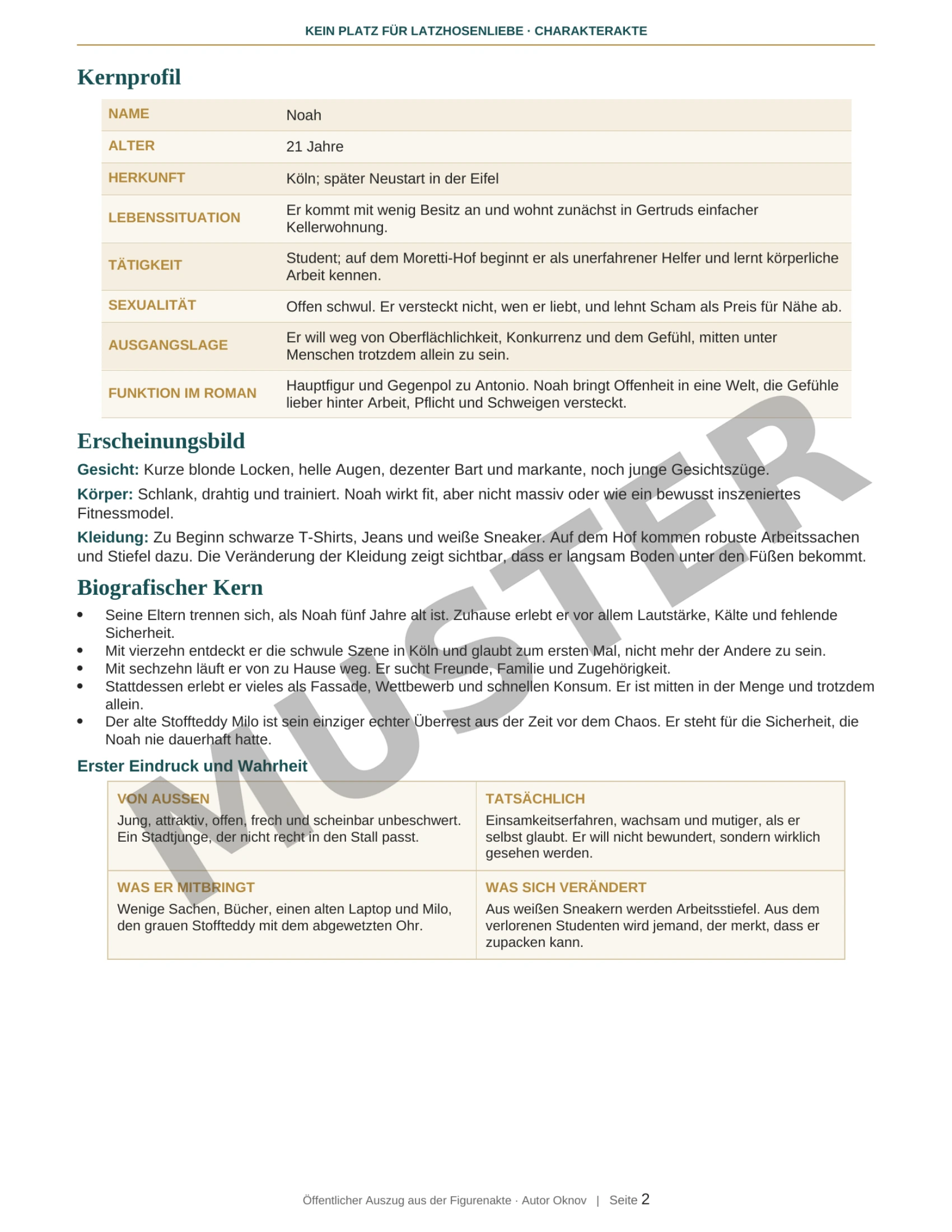 Noahs Charakterbogen, Seite 2 von 4: Kernprofil und biografischer Hintergrund. Mit MUSTER-Wasserzeichen.