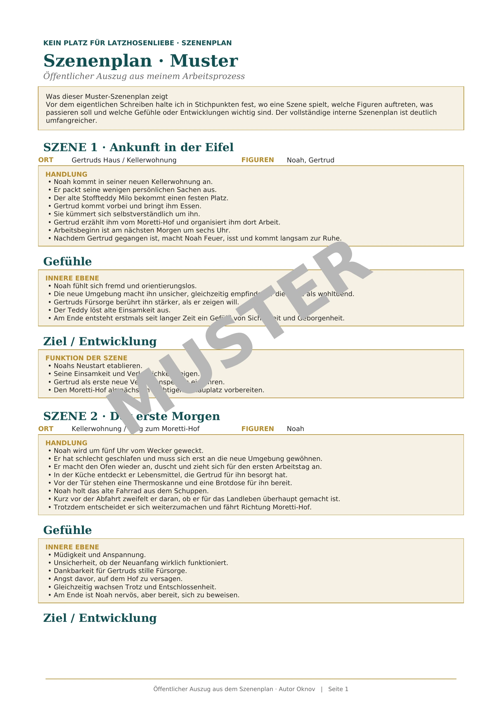 Szenenplan, Seite 1 von 2: Szenen 1 und 2. Mit MUSTER-Wasserzeichen.